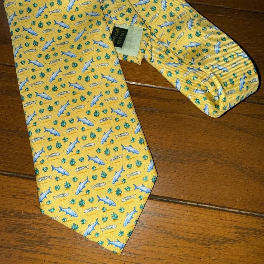 Bird Dog Bay‎ Men's Yellow Silk Tie With Fish Handmade USA Hand Drawn